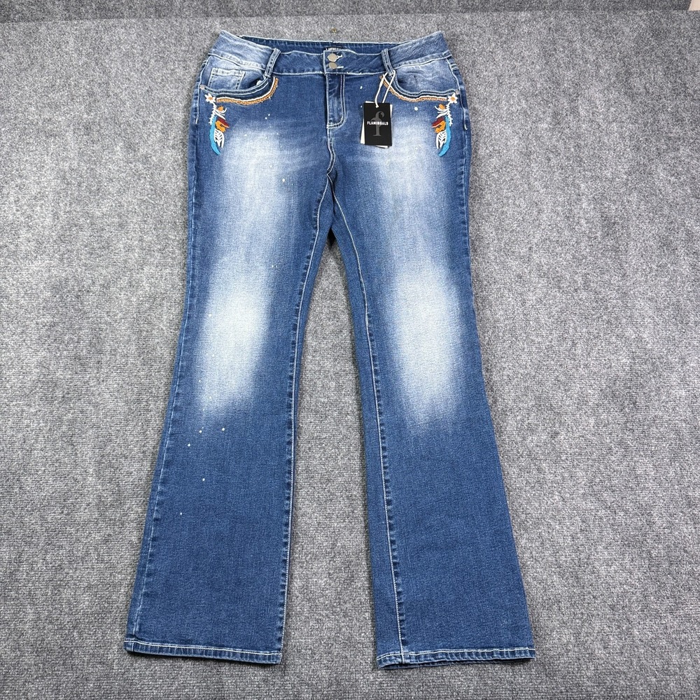Flamingals Womens Flare Jeans 2XL 34 NWT Blue Embroidered Stretch Denim Boho